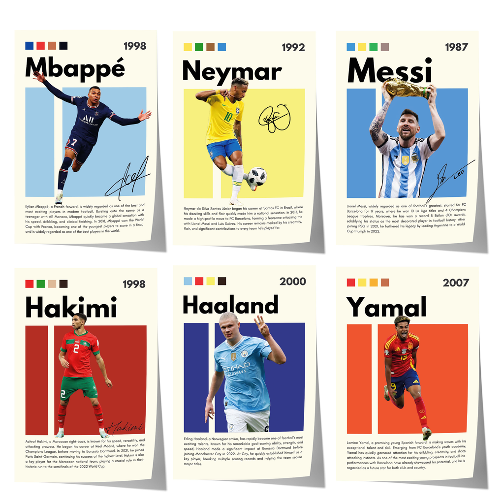 Fußball Stars Poster · Mbappé Neymar Messi Hakimi Haaland Yamal · Sport Wanddeko · Print ohne Rahmen-0